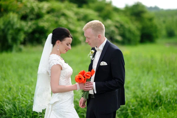 Braut und Bräutigam bei einem romantischen Moment auf ihrer Hochzeit — Stockfoto