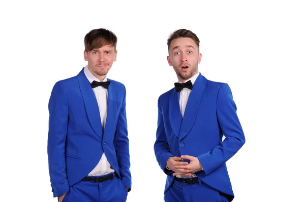 Αστεία άνδρες ντυμένοι με μπλε σουίτα με διαφορετικά συναισθήματα — Φωτογραφία Αρχείου