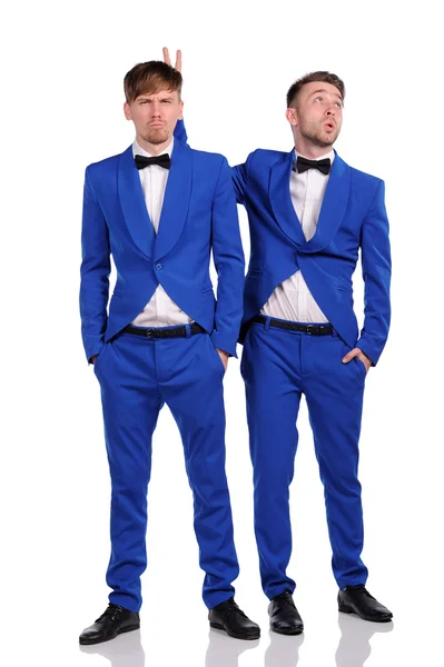 Funny men dressed in blue suite with different emotions — Stock Photo, Image