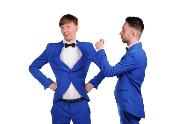 Komik adamlar mavi suite farklı duygular ile giyinmiş — Stok fotoğraf