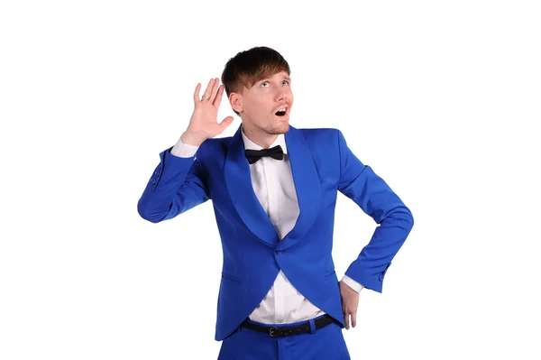 Uomo divertente in suite blu con su sfondo bianco — Foto Stock