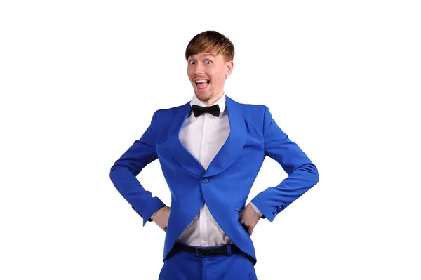 Funny man in blue suite with on white background — Stock Photo, Image