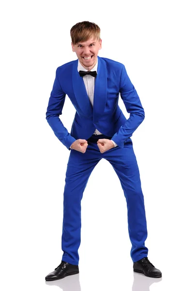 Funny man in blue suite with on white background — Stock Photo, Image