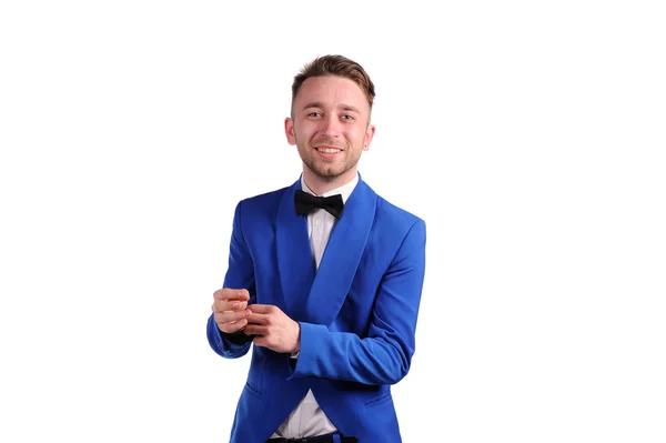 Smiling man in blue suite with on white background — Stock Photo, Image