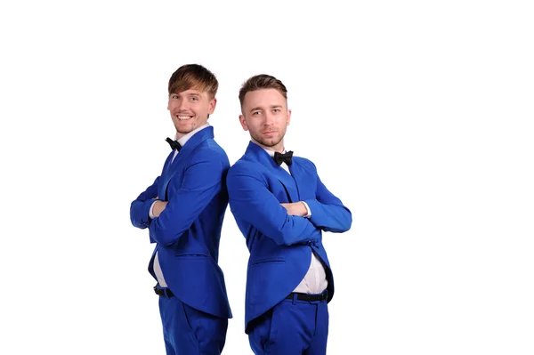 Lustige Männer in blauen Anzügen mit unterschiedlichen Gefühlen — Stockfoto
