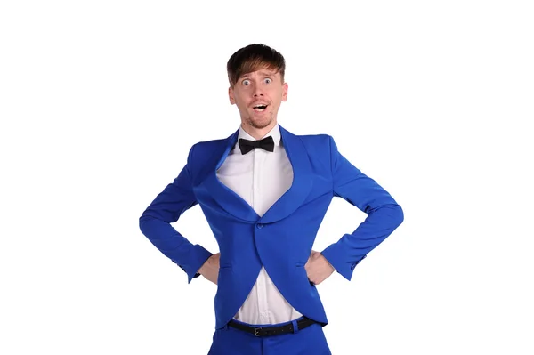 Funny man in blue suite with on white background — Stock Photo, Image