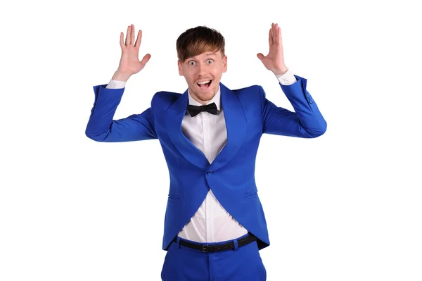 Funny man in blue suite with on white background — Stock Photo, Image