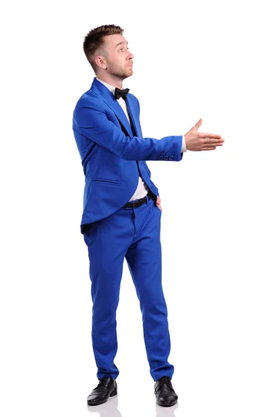 Funny man in blue suite with on white background — Stock Photo, Image