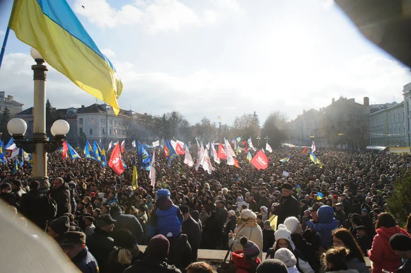 Ternopil, UKRAINE JOULUKUU 1: Mielenosoitus Euromaydania vastaan Ternopilissa presidentti Yanukovychia ja hänen hallitustaan vastaan JOULUKUU 1, 2013 Ternopilissa, Ukrainassa — kuvapankkivalokuva