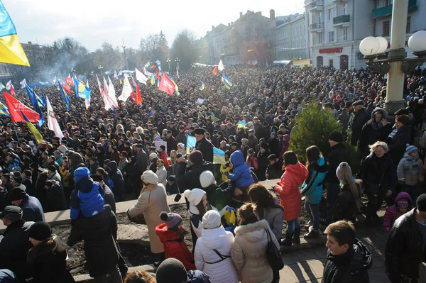 Ternopil, UKRAINE JOULUKUU 1: Mielenosoitus Euromaydania vastaan Ternopilissa presidentti Yanukovychia ja hänen hallitustaan vastaan JOULUKUU 1, 2013 Ternopilissa, Ukrainassa — kuvapankkivalokuva