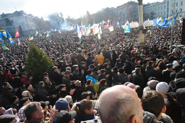 Ternopil, UKRAINE JOULUKUU 1: Mielenosoitus Euromaydania vastaan Ternopilissa presidentti Yanukovychia ja hänen hallitustaan vastaan JOULUKUU 1, 2013 Ternopilissa, Ukrainassa — kuvapankkivalokuva