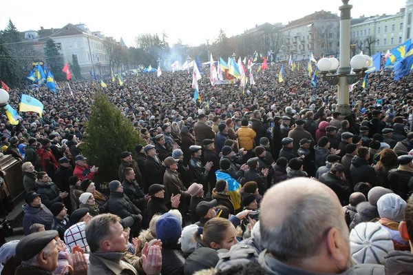 Ternopil, UKRAINE JOULUKUU 1: Mielenosoitus Euromaydania vastaan Ternopilissa presidentti Yanukovychia ja hänen hallitustaan vastaan JOULUKUU 1, 2013 Ternopilissa, Ukrainassa — kuvapankkivalokuva