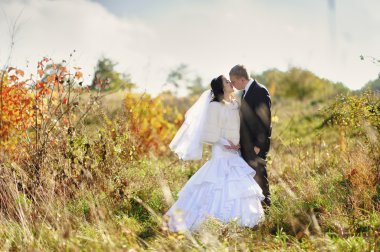 Gelin ve Damat Düğün üzerinde romantik bir an olması