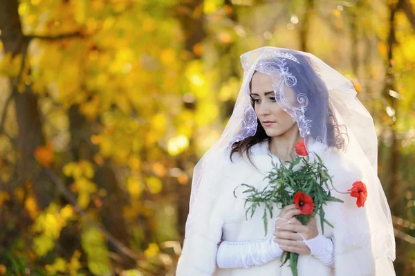 Aantrekkelijke jonge bruid papavers in de handen — Stockfoto