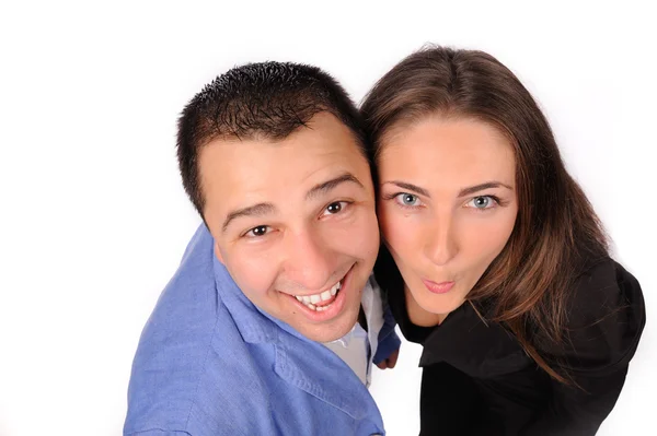 Férfi és nő, vicces arcok elszigetelt fehér háttér felett — Stock Fotó