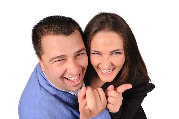 Homme et femme avec des visages drôles isolés sur fond blanc — Photo