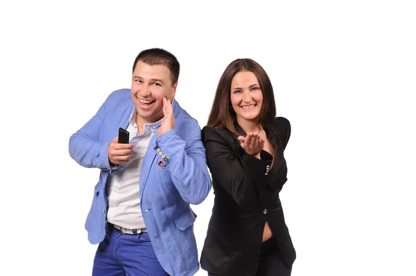 Mann und Frau mit lustigen Gesichtern isoliert auf weißem Hintergrund — Stockfoto
