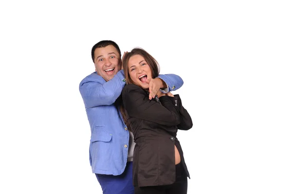 Uomo e donna con facce divertenti isolate su sfondo bianco — Foto Stock