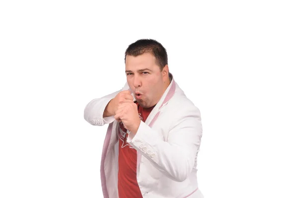 Homem engraçado na suíte branca com diferentes emoções engraçadas — Fotografia de Stock