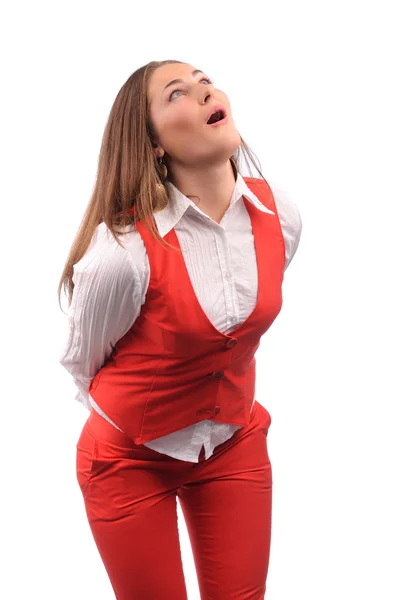 Mujer divertida en chaqueta roja con diferentes emociones divertidas —  Fotos de Stock