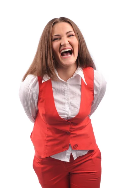 Смішна жінка в червоній куртці з різними кумедними емоціями — стокове фото