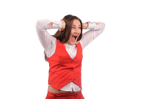 Mujer divertida en chaqueta roja con diferentes emociones divertidas —  Fotos de Stock