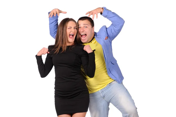 Man and woman with funny faces isolated over white background — Stock Photo, Image