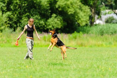 Kız köpekle oynuyor.