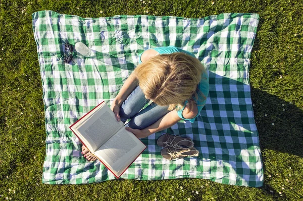 Jonge vrouw lezing boek in park, gezien van bovenaf — Stockfoto