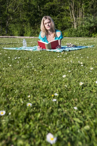 Parkta kitap okuyan genç bir kadın. — Stok fotoğraf