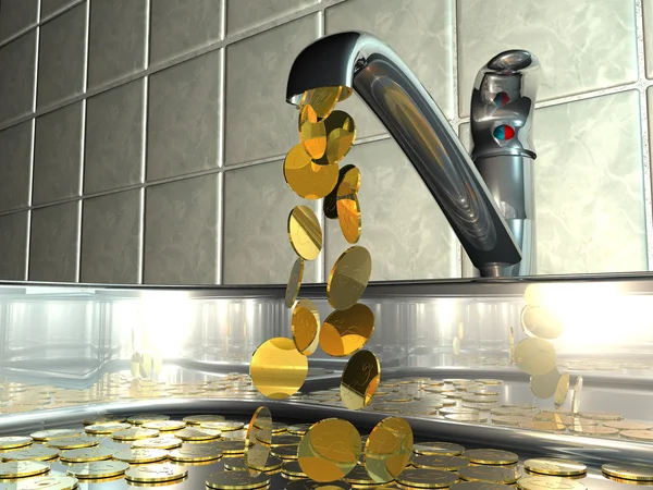 Konzeptionelle Illustration eines tropfenden Wasserhahns mit fließendem Bargeld. — Stockfoto