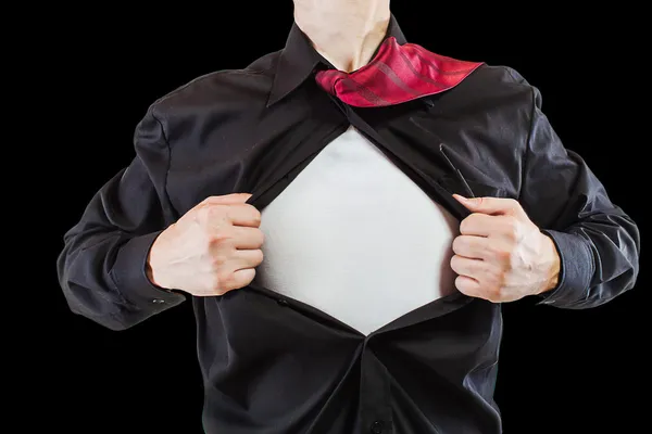 Jovem homem de negócios rasgando sua camisa revelando um terno de super-herói — Fotografia de Stock