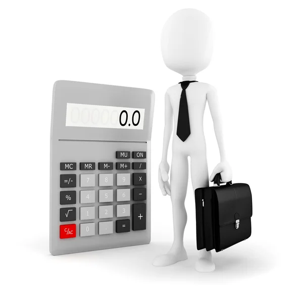 Hombre de negocios 3d hombre de pie cerca de una gran calculadora sobre fondo blanco —  Fotos de Stock