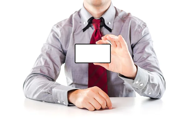 Close up of a business man showing a blank business card — Stock Photo, Image