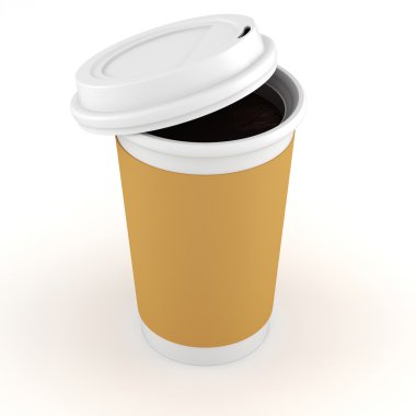 3D kahve kağıt bardak beyaz zemin üzerine