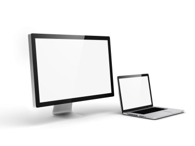 3D ekran monitör ve beyaz arka plan üstünde laptop