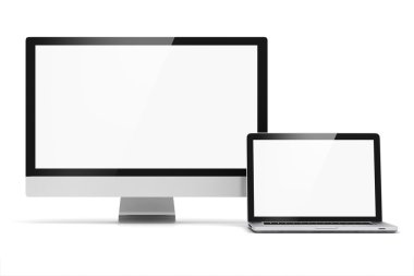 3D ekran monitör ve beyaz arka plan üstünde laptop