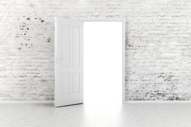 3D açık kapı beyaz vintage duvarında
