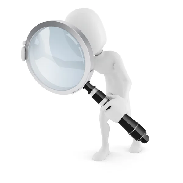 3d man with a big magnifying glass, on white background — Stock Photo, Image