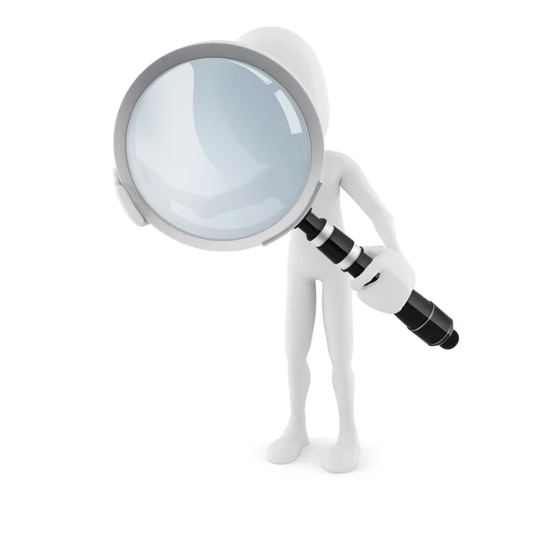 3d man with a big magnifying glass, on white background — Stock Photo, Image