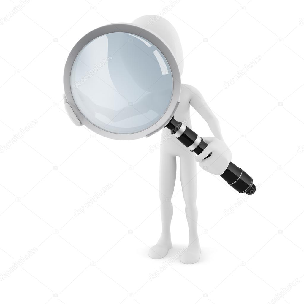 3d man with a big magnifying glass, on white background