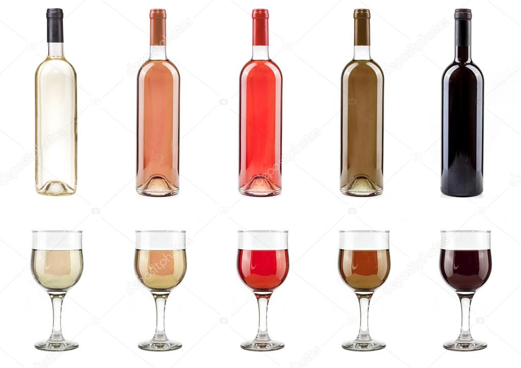 Set of white rose and red wine bottles and glasses on white background