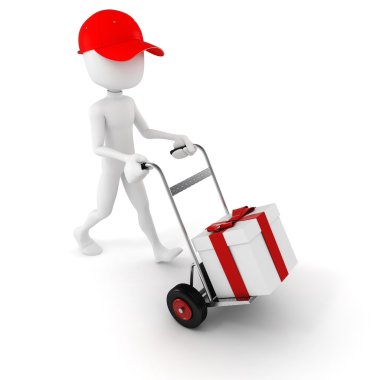 3D el arabası ve beyaz zemin üzerine hediye kutusu