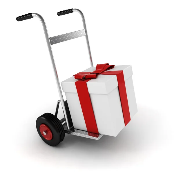 3d hand truck and present box on white background — Stock Photo, Image