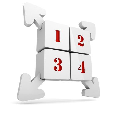 Beyaz arka plan köşelerinde oklarla 3D renkli kareler