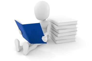 3d adam beyaz arka plan üzerine bir kitap okuma