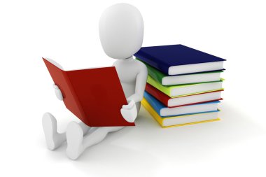 3d adam beyaz arka plan üzerine bir kitap okuma