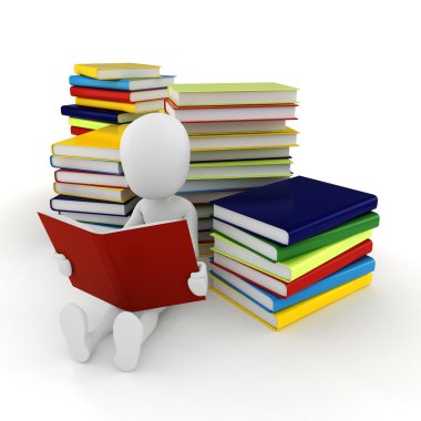 3d adam beyaz arka plan üzerine bir kitap okuma