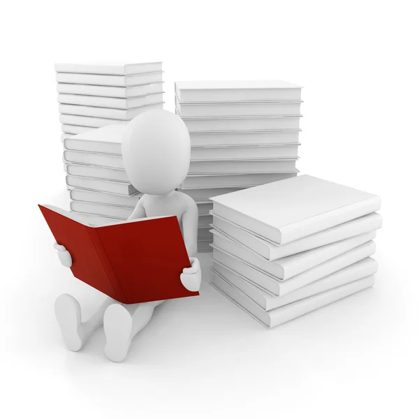 3D-Mann liest ein Buch auf weißem Hintergrund — Stockfoto