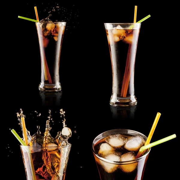 Zumo de cola fresca y cubitos de hielo salpican en un vaso sobre fondo negro —  Fotos de Stock